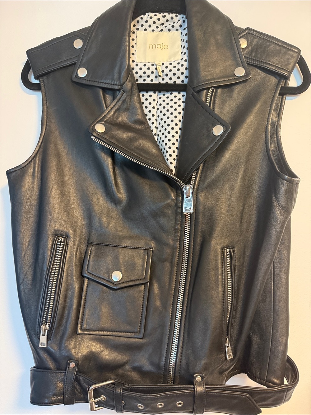 Maje Black Leather Sleeveless Biker Jacket Vest